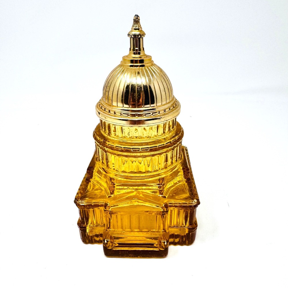 Vintage Avon Amber Glass US Capitol Building Cologne Decanter Gold Dome Cap